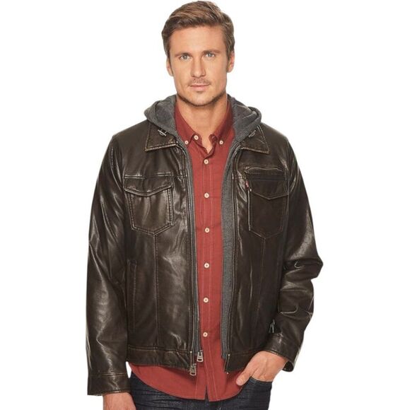 Levi's Faux-Leather Trucker with Jersey Hood & Fleece Lining Dark Brown Mens XXL - Picture 1 of 16